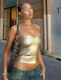 Bustier Crop Top Doré Vintage Sans Bretelles Femme