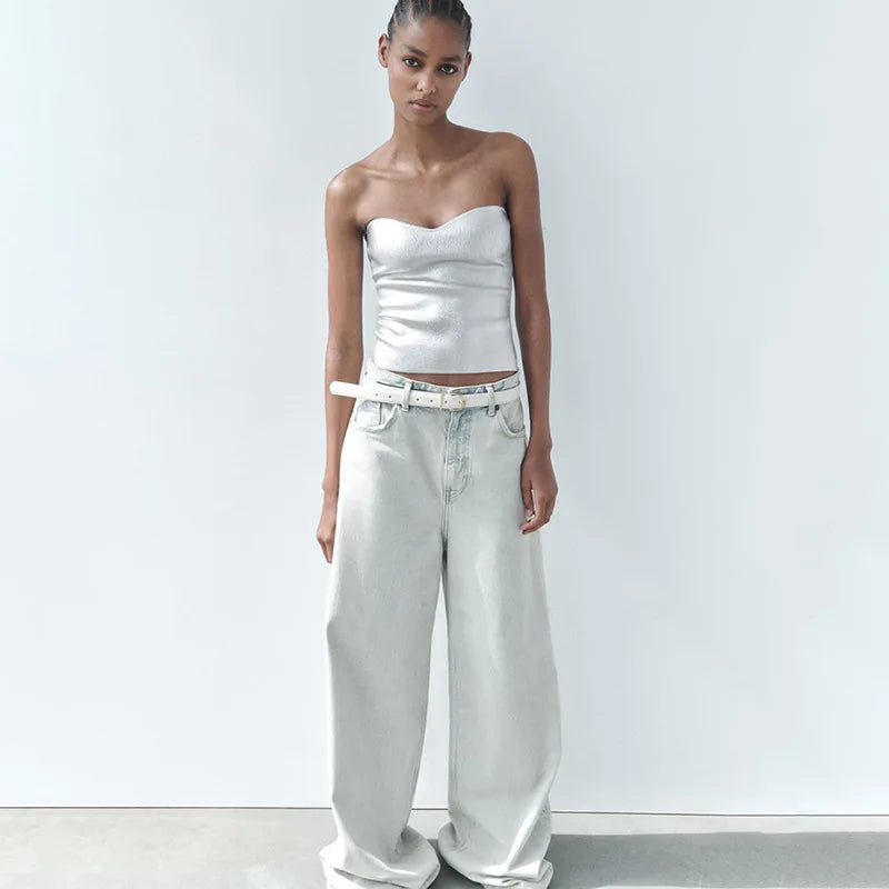 top blouses : Bustier Crop Top Doré Vintage Sans Bretelles in Argent van Seroa