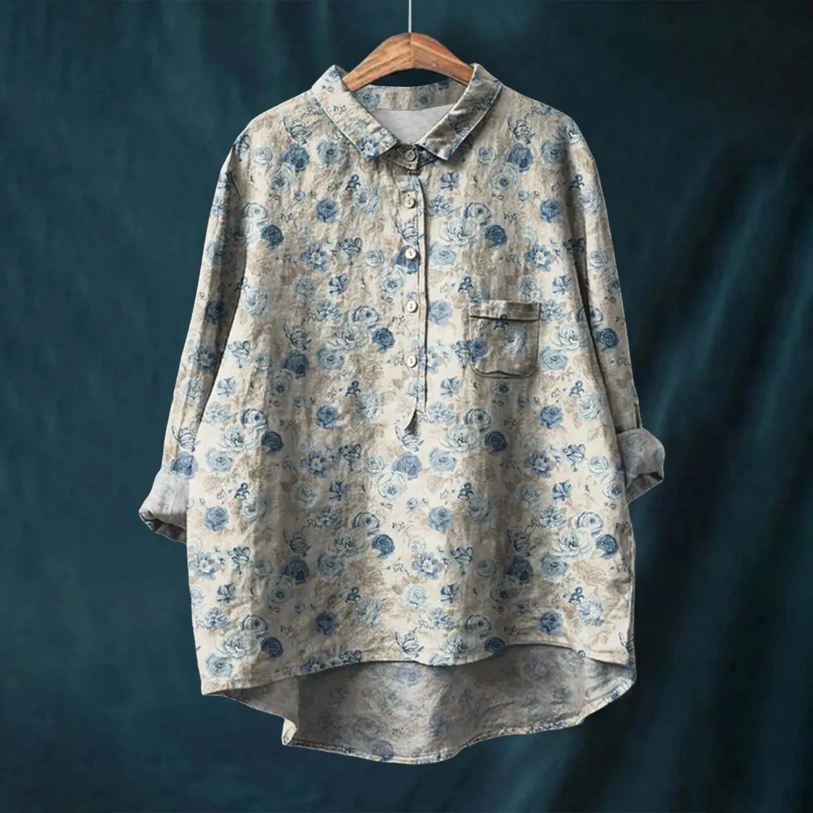 top blouses : Bailey – Blouse Vintage Fleurie en Lin Léger et Coupe Oversize in Gris van Seroa
