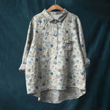 top blouses : Bailey – Blouse Vintage Fleurie en Lin Léger et Coupe Oversize in Gris van Seroa