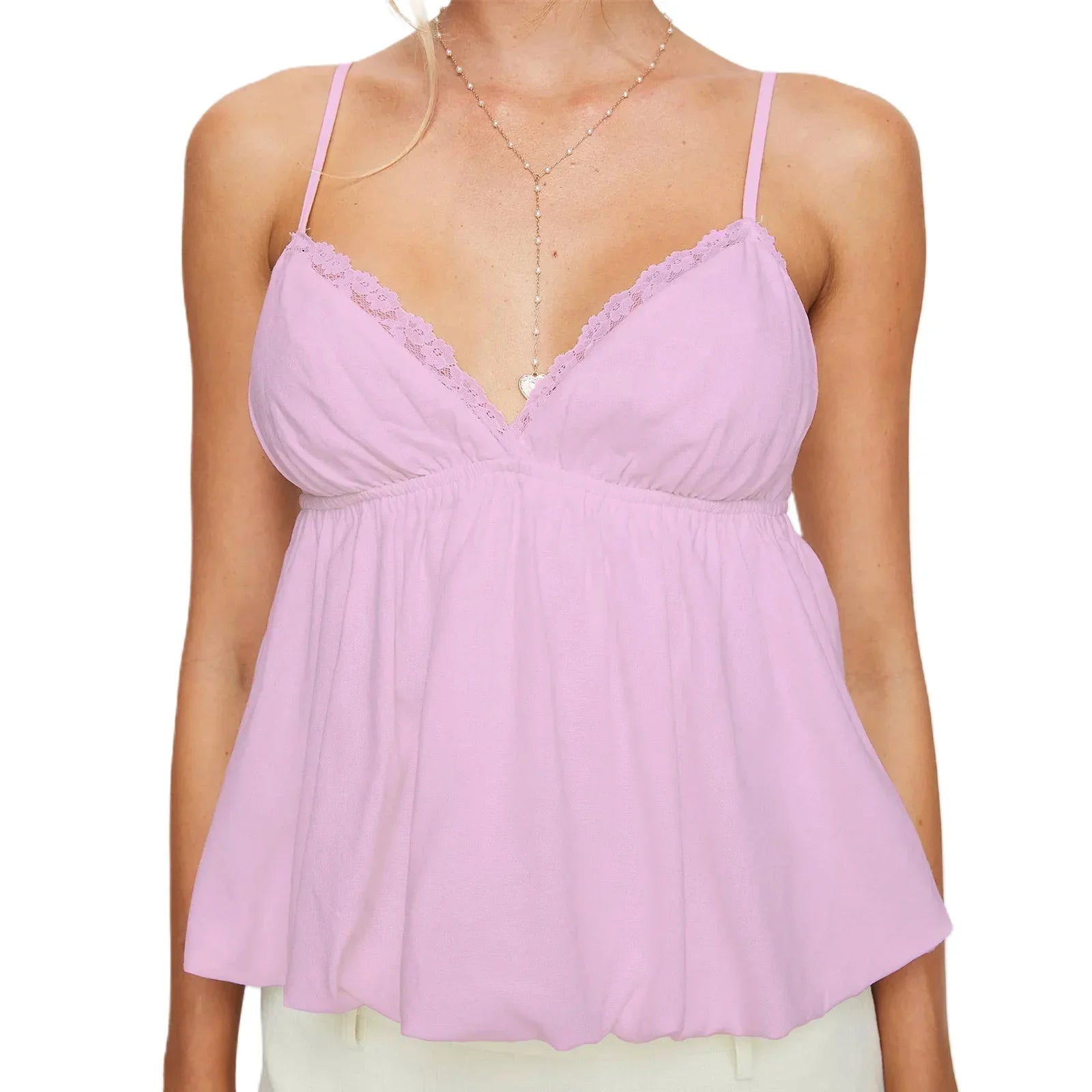 top blouses : Ella - Top Fluide à fines Bretelles et Dentelle Délicate in Rose van Seroa