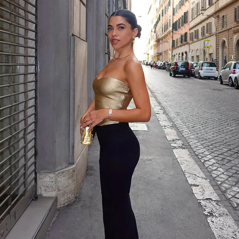 top blouses : Bustier Crop Top Doré Vintage Sans Bretelles in van Seroa