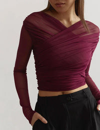 Top croisé en tulle, Manches Longues et Ajusté Femme