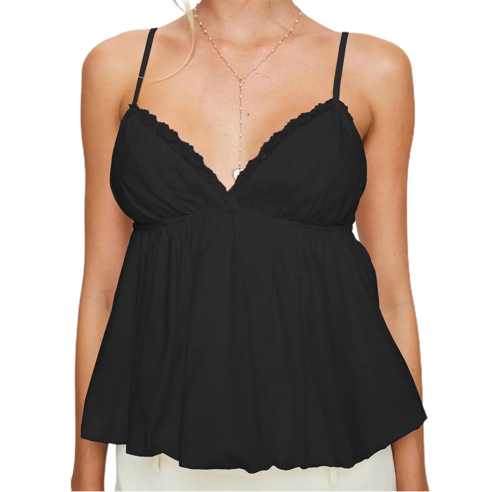 top blouses : Ella - Top Fluide à fines Bretelles et Dentelle Délicate in Noir van Seroa