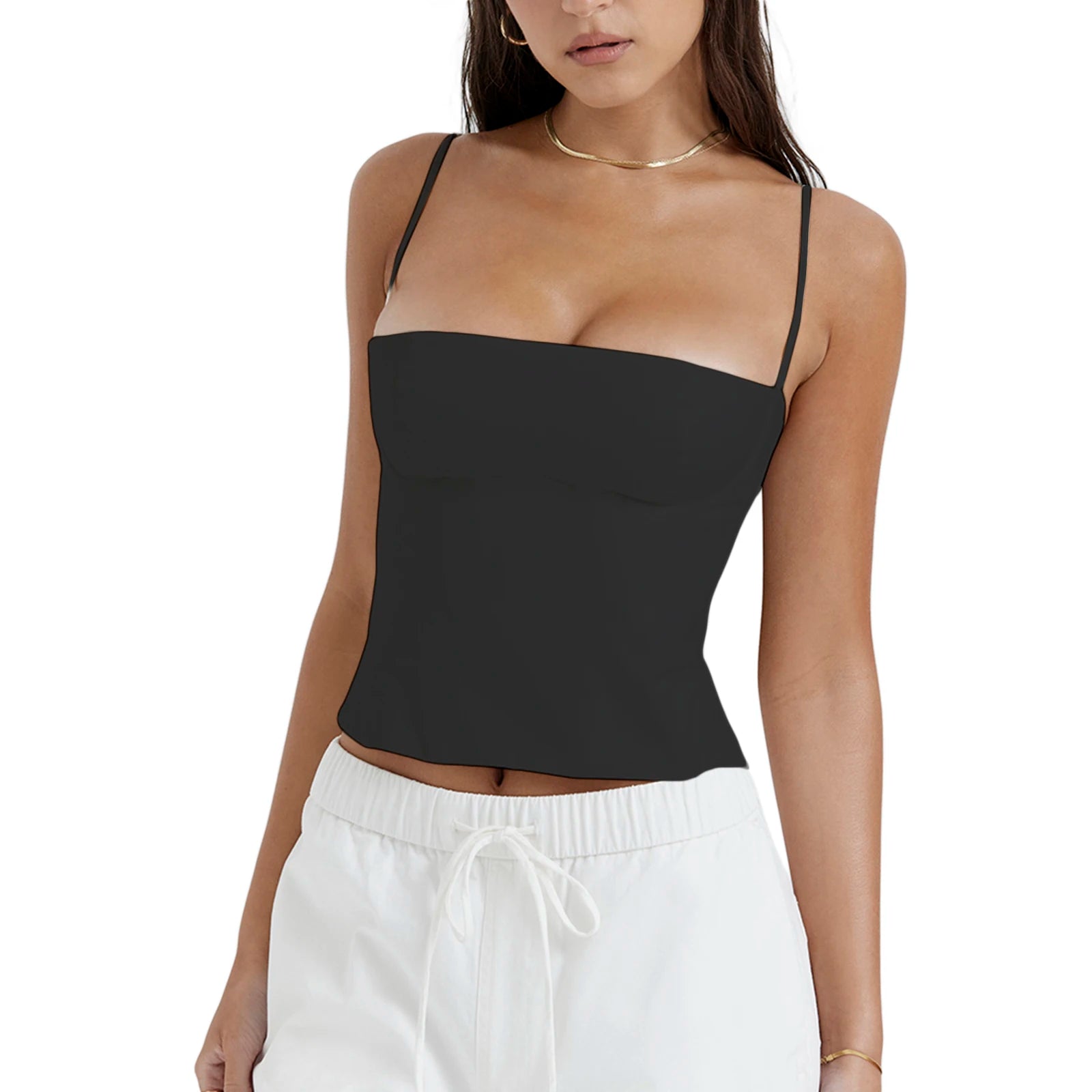 top blouses : Élégant Bustier Crop Top Vintage avec Bretelles Fines in Noir van Seroa
