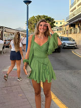 dresses : Mini robe plissée verte sexy à manches longues et décolleté en V in van Seroa