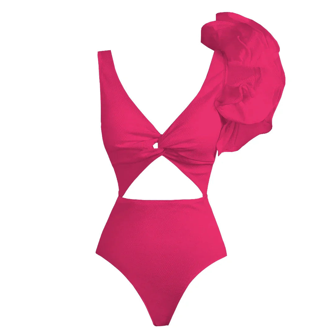 swimwear : Anna - Élégant Maillot de Bain à Découpes avec Volants et Design Asymétrique in Rose van Seroa
