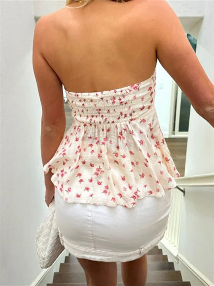 top blouses : Sofia – Haut Bustier Fleuri Smocké avec Basque in van Seroa