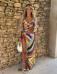 Bikini avec Jupe Fluide et Imprimé Artistique Femme