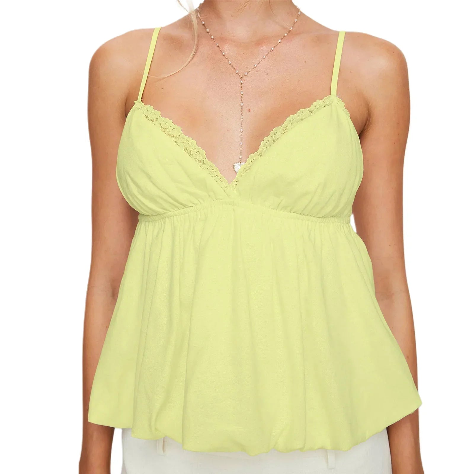 top blouses : Ella - Top Fluide à fines Bretelles et Dentelle Délicate in Vert van Seroa