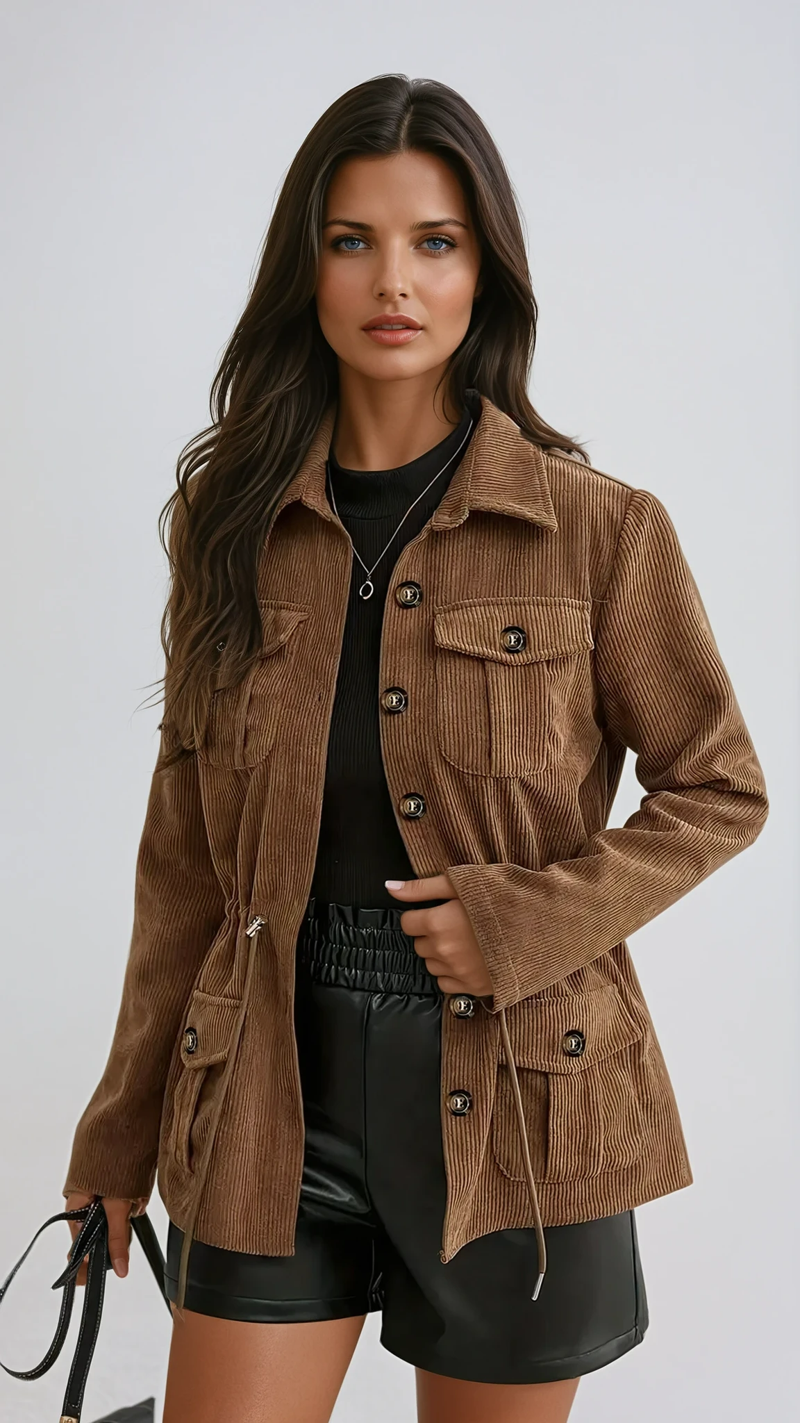 Veste Femme Chic en Velours Côtelé Marron 1