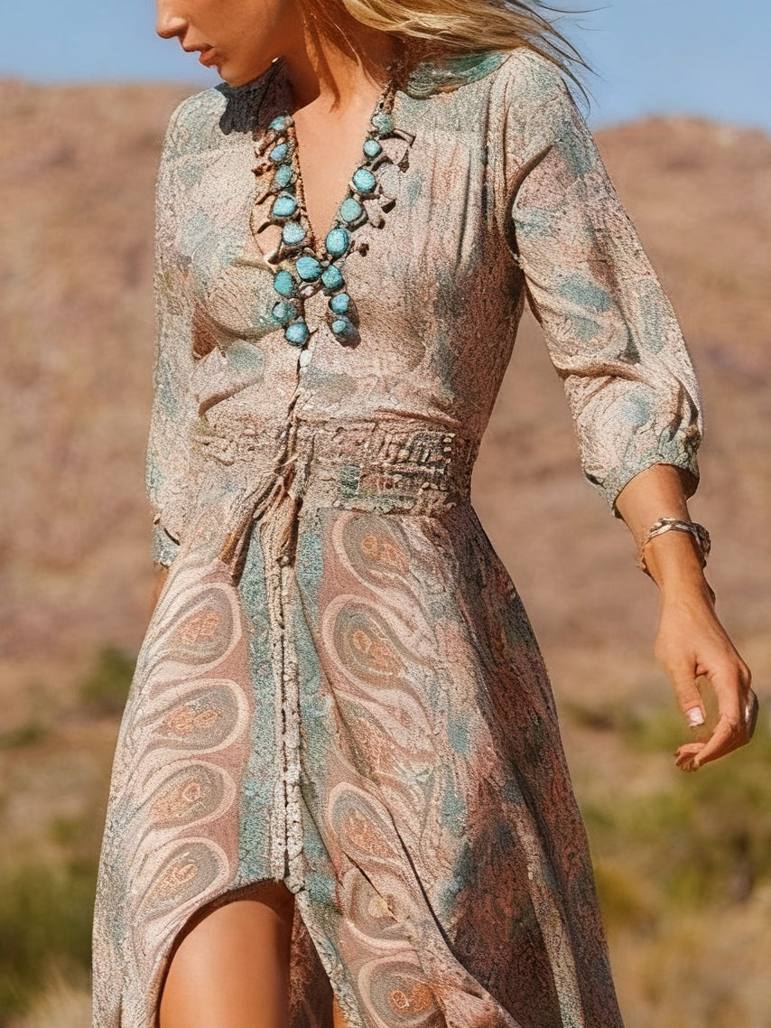 Boho długa sukienka maxi z nadrukiem w stylu western i rozcięciem