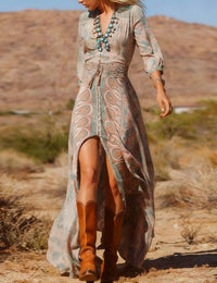Boho langes Maxikleid mit Western-Print und Schlitz