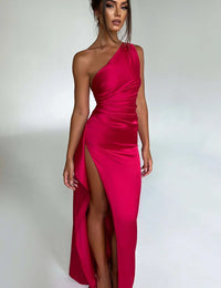 Abendkleid aus Satin, asymmetrisch mit hohem Schlitz Damen