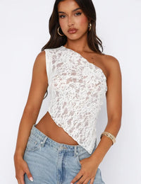 Elegantes asymmetrisches Spitzen-Crop-Top mit offenem Rücken Damen