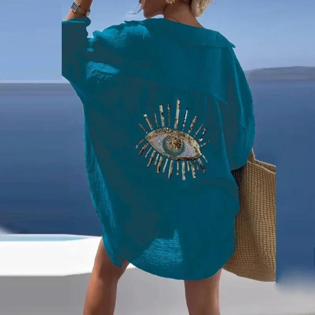 swimwear : Lena – Chemise de Plage Oversize en Coton au Style Bohème Chic in Bleu van Seroa