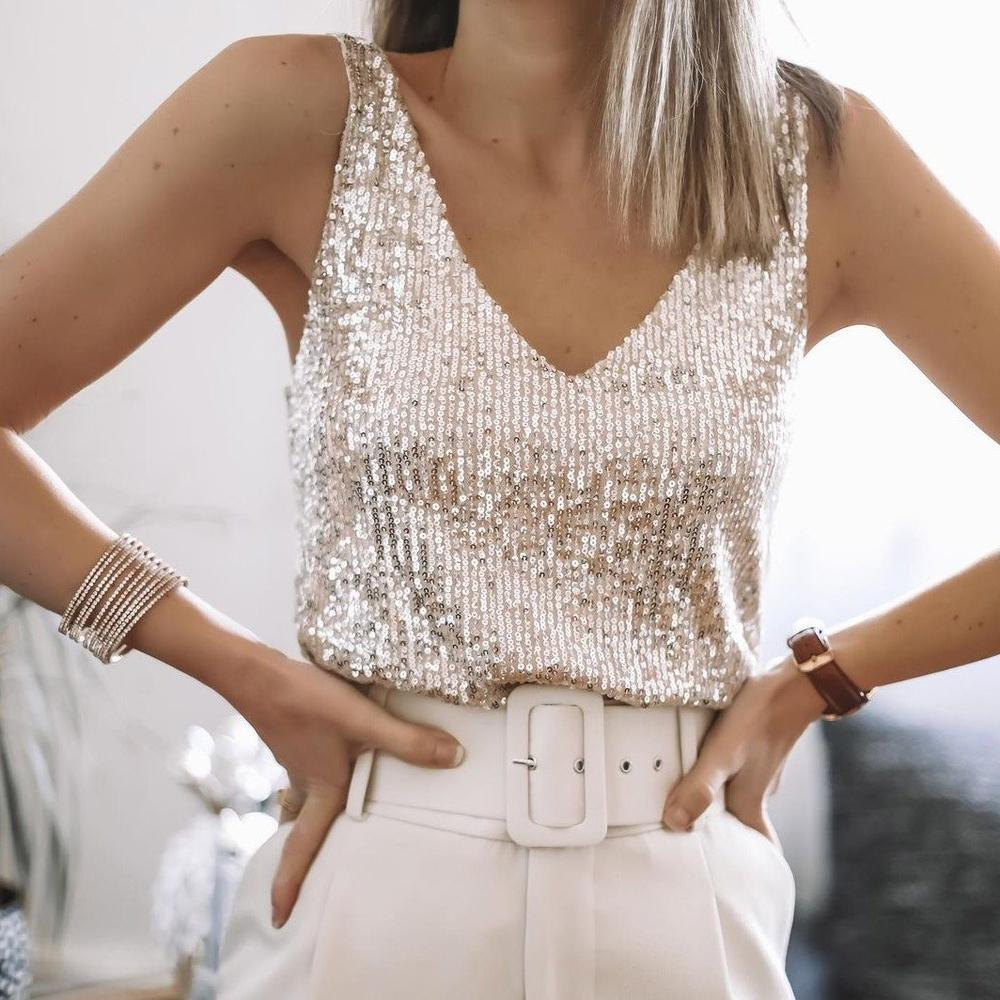 top blouses : Lina – Débardeur glamour à sequins avec décolleté en V pour un look chic in van Seroa
