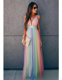 Maxikleid Damen Fließend Regenbogen Elegant - Ideal für Abendveranstaltungen