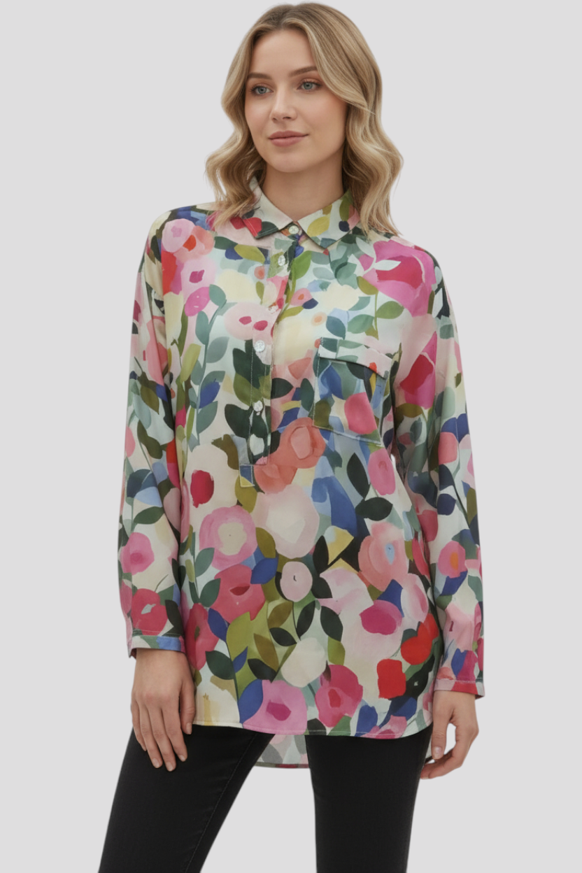 Chemise Femme à Imprimé Floral Aquarelle – Manches Longues, Coupe Décontractée