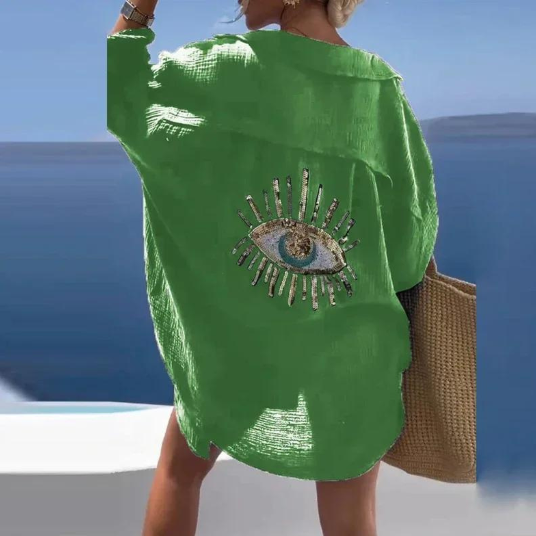 swimwear : Lena – Chemise de Plage Oversize en Coton au Style Bohème Chic in Vert van Seroa