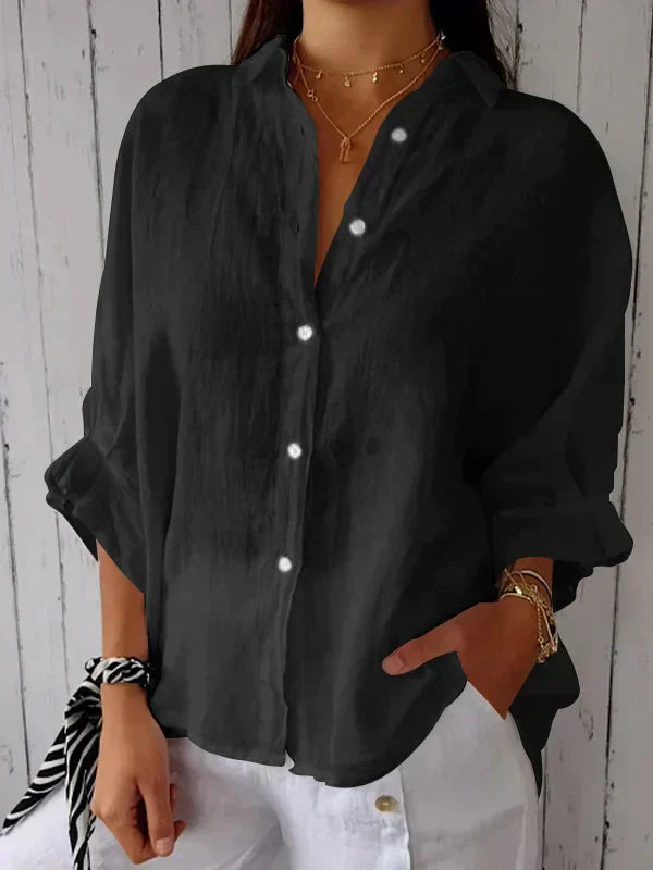 top blouses : Callie – Chemise Élégante et Légère en Lin à Coupe Décontractée in Noir van Seroa