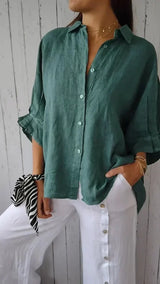 top blouses : Callie – Chemise Élégante et Légère en Lin à Coupe Décontractée in Vert van Seroa
