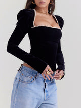 top blouses : Zoey - Top Corset en Velours avec Manches Bouffantes et Dos Lacé in van Seroa