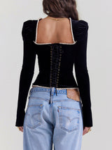top blouses : Zoey - Top Corset en Velours avec Manches Bouffantes et Dos Lacé in van Seroa