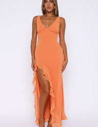 Robe longue de soirée avec volants et fente haute Femme