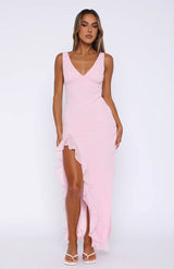 dresses : Sienna – Robe longue de soirée élégante avec volants et fente haute in Rose van Seroa