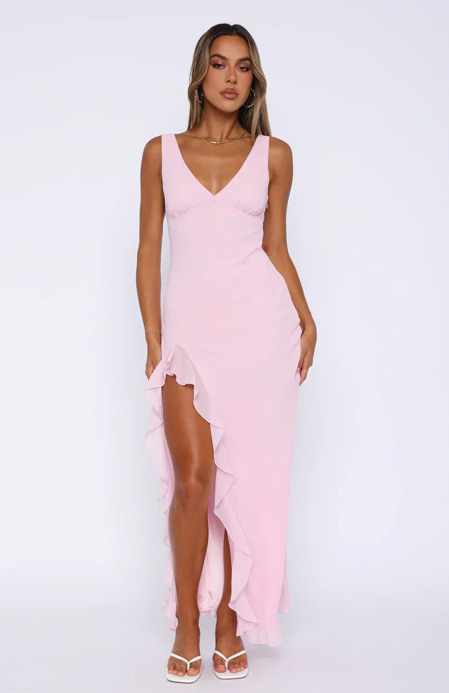 dresses : Sienna – Robe longue de soirée élégante avec volants et fente haute in Rose van Seroa