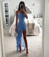 dresses : Alessia - Robe Élégante Asymétrique avec Volants et Bretelles Fines in Bleu clair van Seroa