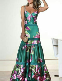 Maxi Satin Long Dress with Printed Panel and Back Straps