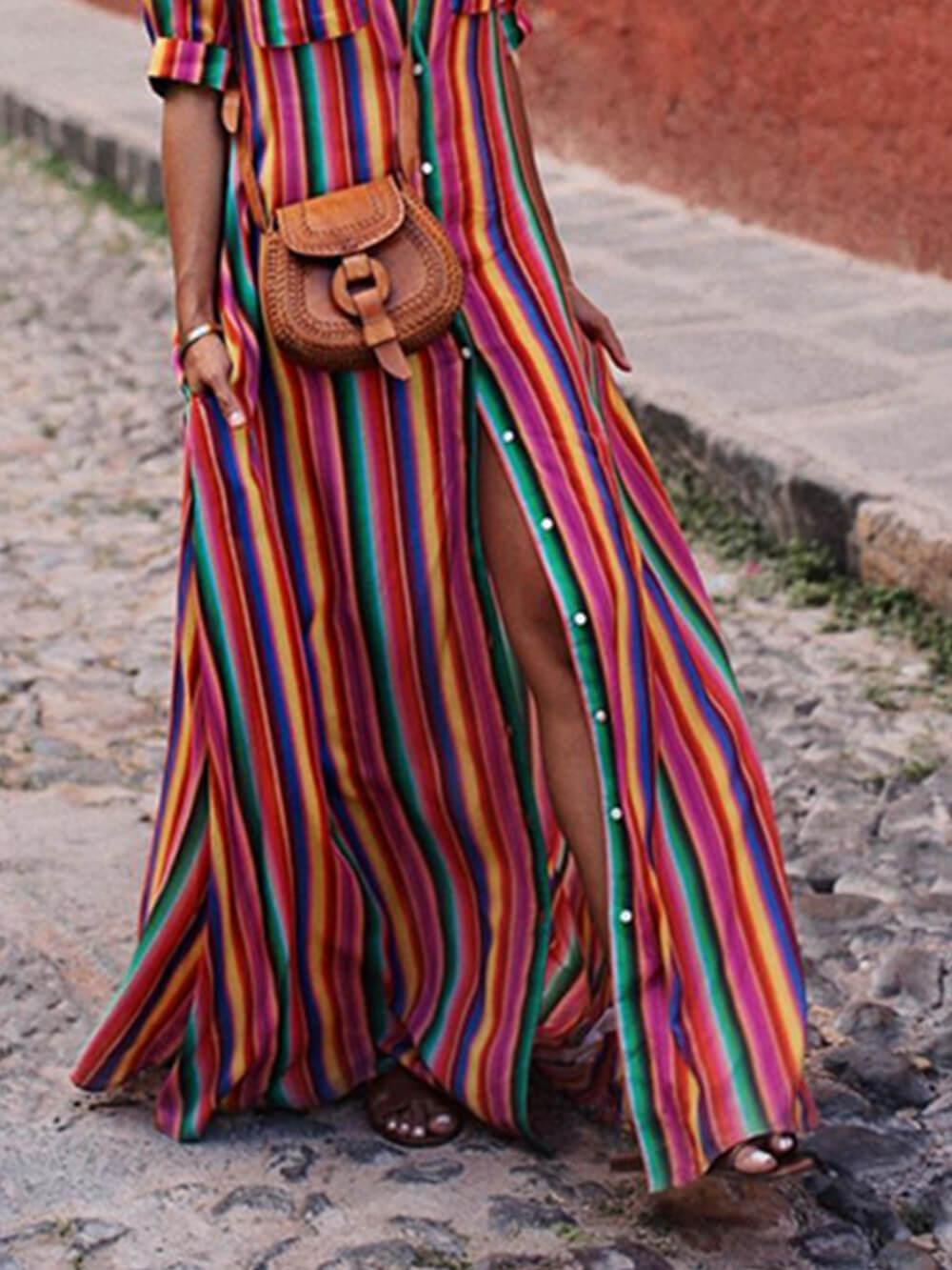 Codzienna koszula w paski i długa spódnica z eleganckim wzorem
