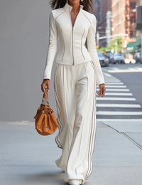White Stand-Up Collar Zip-Up Top with Wide-Leg Pants Set