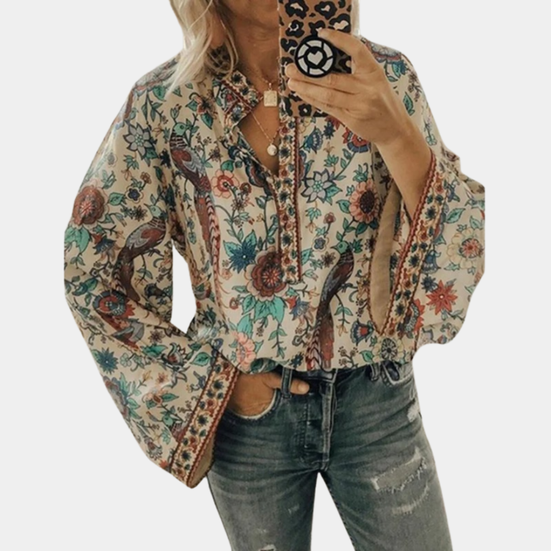 top blouses : Sofia - Blouse Bohème à Manches Évasées et Motif Fleuri in Abricot clair van Seroa