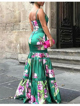 Maxi Satin Langkleid mit bedrucktem Einsatz und Rückenträgern