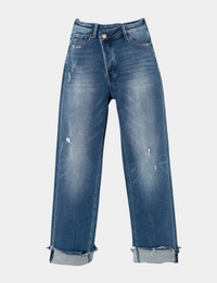 Damenjeans Hohe Taille Relaxed Ausgefranst Hellblau - Denim
