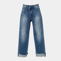Damskie jeansy z wysokim stanem, luźne, postrzępione, jasnoniebieskie - denim