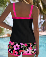 Gepolsterter schwarzer floraler Tankini mit Shorty Damen - Badeanzug