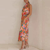 dresses : Cora - Robe Midi Élégante en Satin à Col Halter et Motif Fleuri in van Seroa