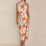 dresses : Cora - Robe Midi Élégante en Satin à Col Halter et Motif Fleuri in Blanc van Seroa