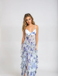 Robe Longue Romantique à Volants en Tulle Fleuri Femme