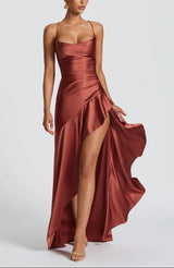 Robe longue dos nu élégante à volants, col halter, pour femme