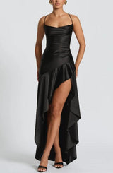 Robe longue dos nu élégante à volants, col halter, pour femme