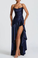 Robe longue dos nu élégante à volants, col halter, pour femme