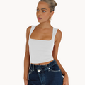 Krótki damski top bez rękawów z kwadratowym dekoltem, denim