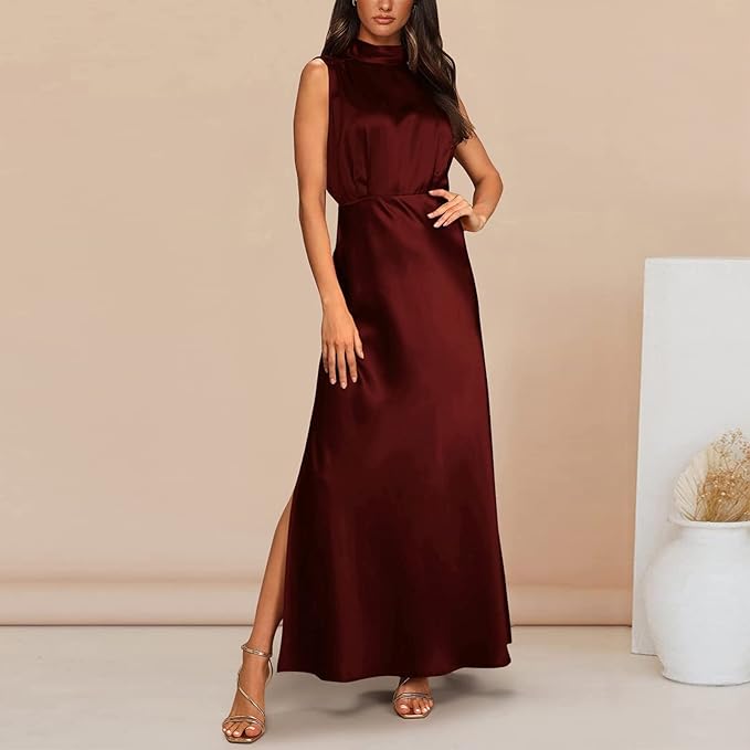 dresses : Ivy - Robe Maxi Élégante en Satin à Col Haut avec Fente in van Seroa
