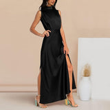 dresses : Ivy - Robe Maxi Élégante en Satin à Col Haut avec Fente in van Seroa