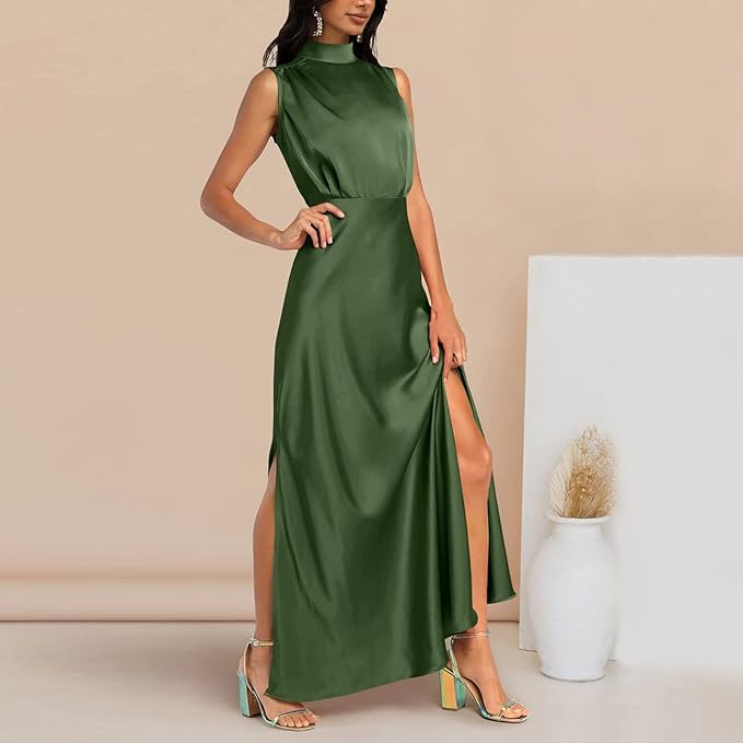 dresses : Ivy - Robe Maxi Élégante en Satin à Col Haut avec Fente in van Seroa
